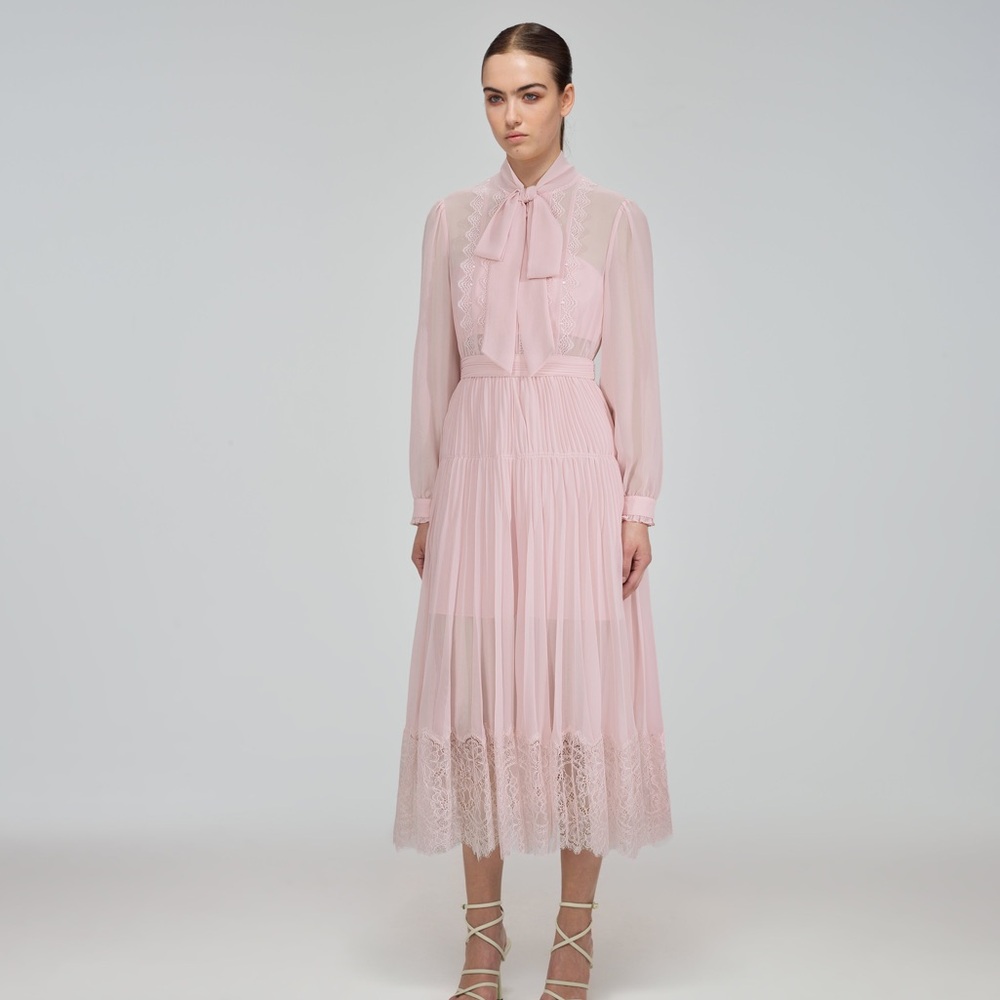 Self portrait pale pink chiffon trimmed lace midi long sleeve dress